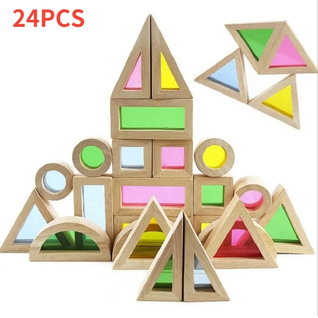 Wooden Rainbow Stacking Blocks Creative Colorful Learning And Educational Construction Light transmission Building Toy For Kids