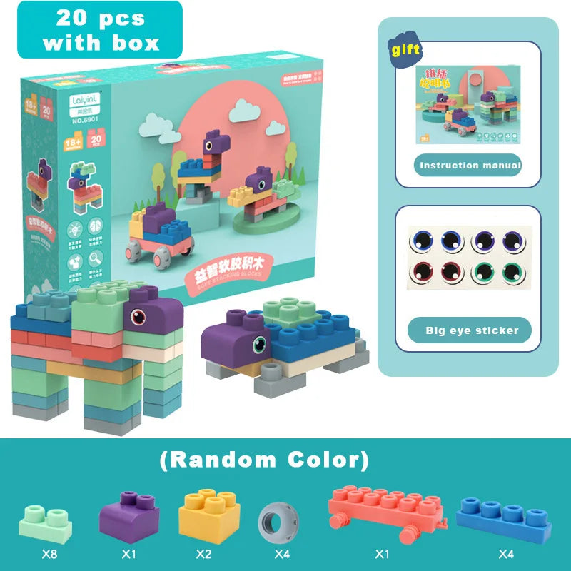 Boxed Baby Toy 3D Soft Plastic Building Blocks Compatible Touch Hand Teethers Blocks DIY Rubber Block Toy for Children Gift