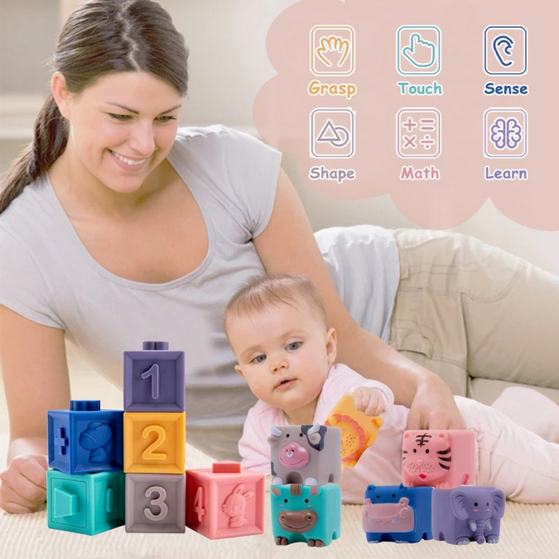 Silicone Building Blocks Baby Grasp Toy 3D Touch Hand Soft Balls Baby Massage Rubber Teethers Toys