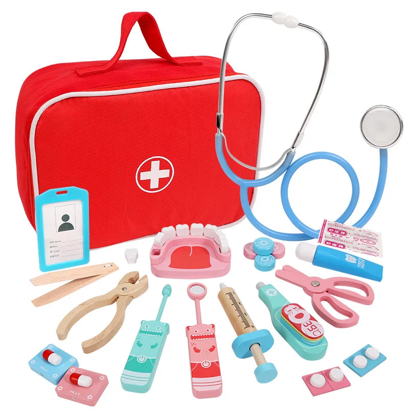 Baby Wooden Pretend Play Doctor Educationa Toys for Children Medical Simulation Medicine Chest Set for Kids Interest Development