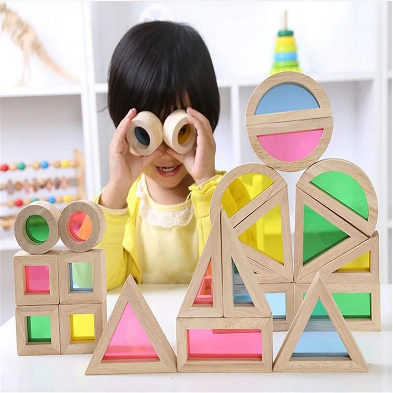 Wooden Rainbow Stacking Blocks Creative Colorful Learning And Educational Construction Light transmission Building Toy For Kids