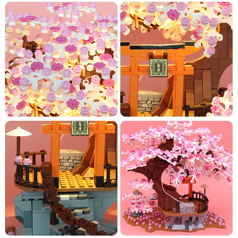 Classic Block City Street View Idea Sakura Inari Shrine Bricks Friends Cherry Blossom House Tree Building Blocks Toys Kids Gift