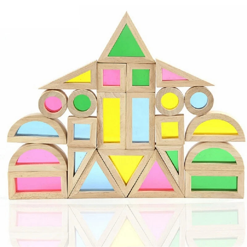 Wooden Rainbow Stacking Blocks Creative Colorful Learning And Educational Construction Light transmission Building Toy For Kids