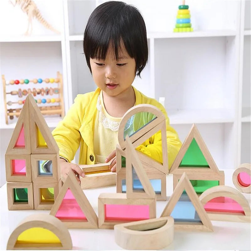 Wooden Rainbow Stacking Blocks Creative Colorful Learning And Educational Construction Light transmission Building Toy For Kids