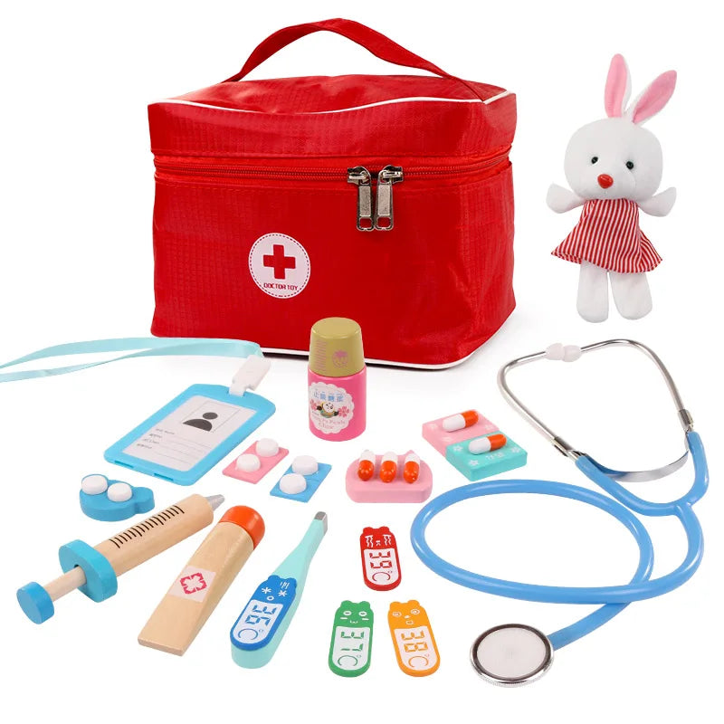 Baby Wooden Pretend Play Doctor Educationa Toys for Children Medical Simulation Medicine Chest Set for Kids Interest Development
