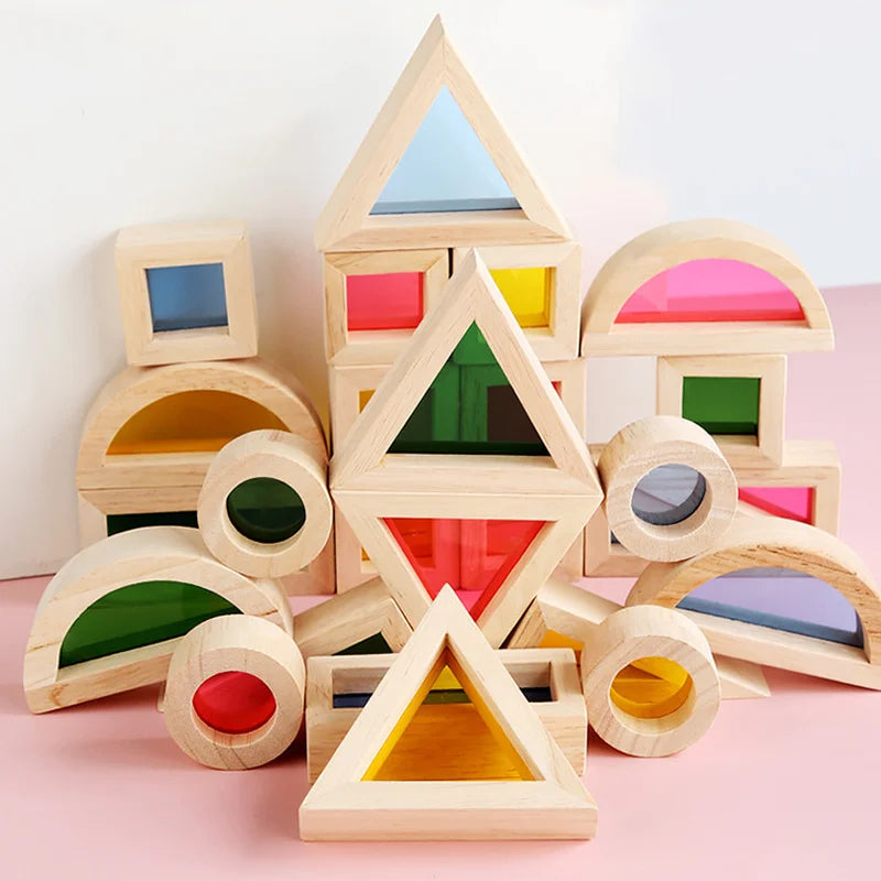 Wooden Rainbow Stacking Blocks Creative Colorful Learning And Educational Construction Light transmission Building Toy For Kids