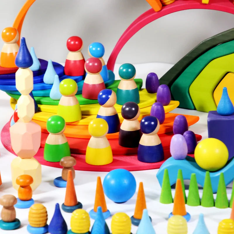 Baby Toys Rainbow Building Blocks Wooden Toys For Kids Creative Rainbow Stacker Montessori Educational Toy For Children