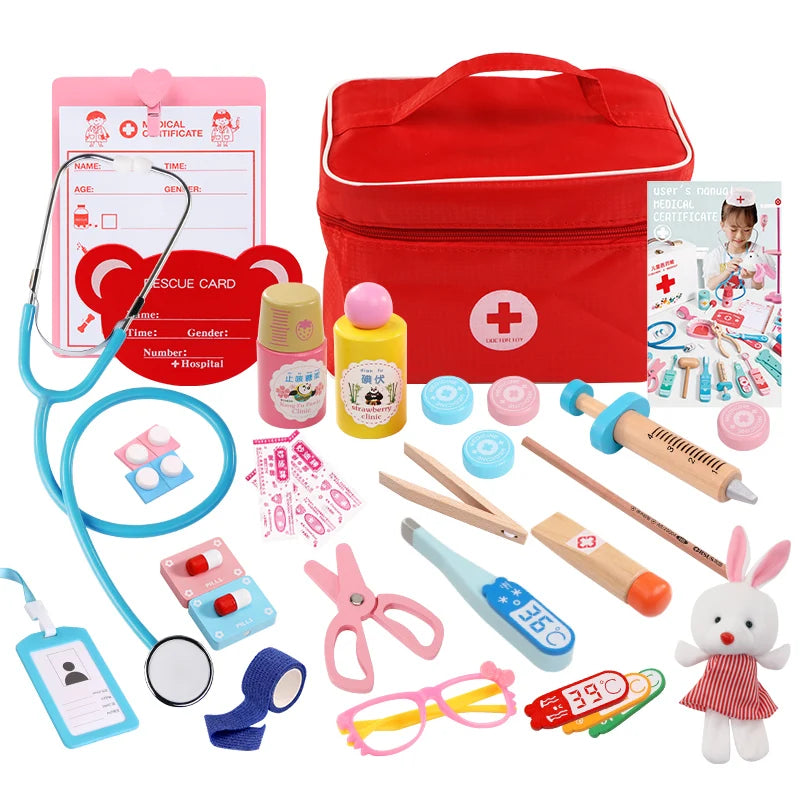 Baby Wooden Pretend Play Doctor Educationa Toys for Children Medical Simulation Medicine Chest Set for Kids Interest Development