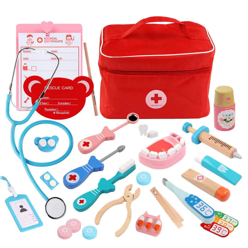 Baby Wooden Pretend Play Doctor Educationa Toys for Children Medical Simulation Medicine Chest Set for Kids Interest Development