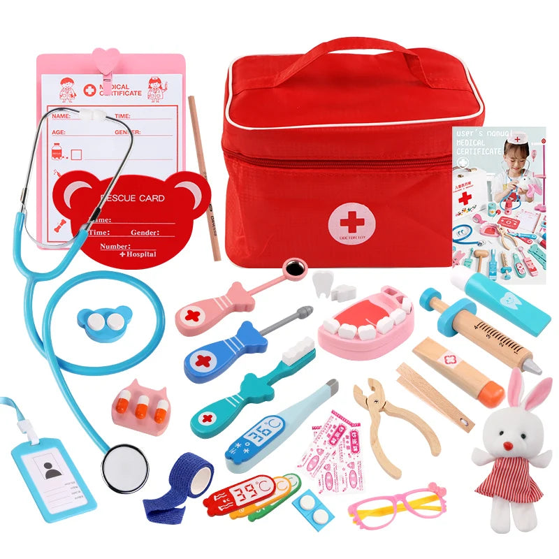 Baby Wooden Pretend Play Doctor Educationa Toys for Children Medical Simulation Medicine Chest Set for Kids Interest Development